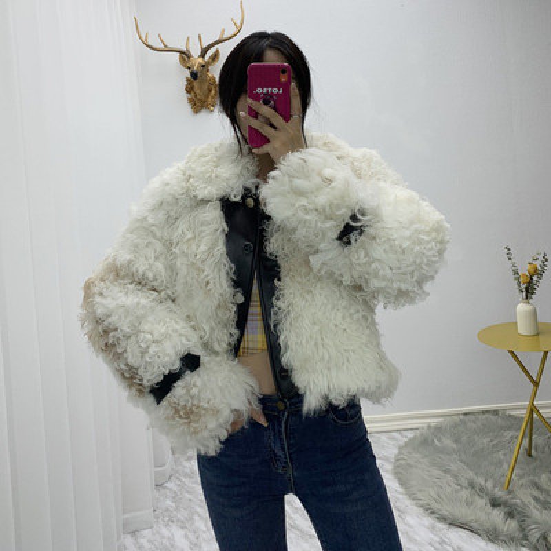 画像12: Women's imported Tigado wool fur leather lamb short coat ラムモコモコファーショートコート ジャケット  (12)