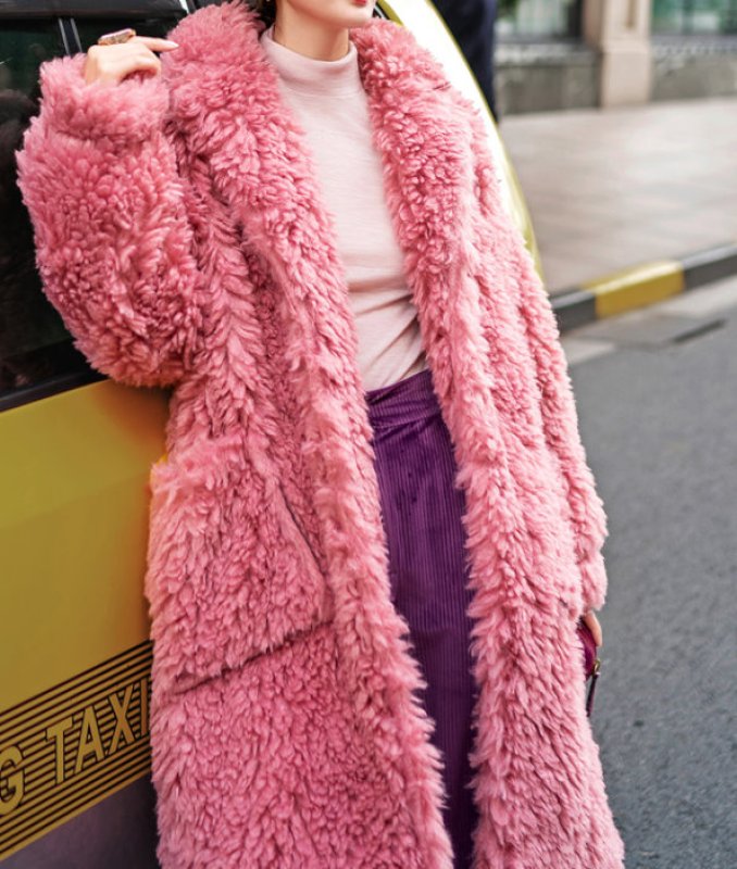 画像2: Women's Lazy pink circle hair long over the knee oversize woolen coat エコファーロングコート ジャケット  (2)