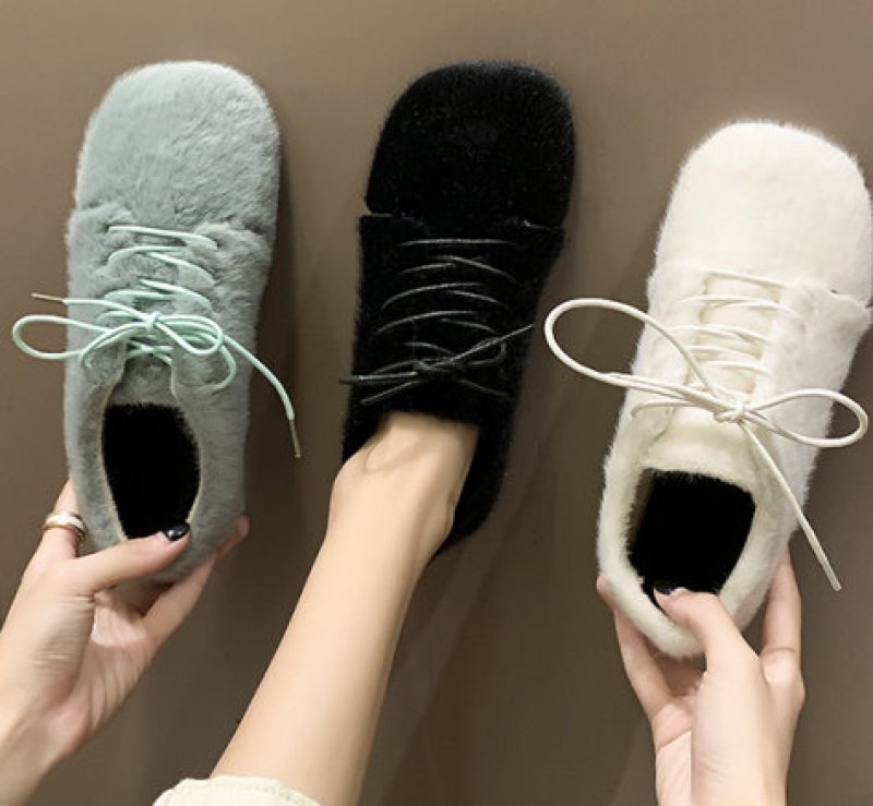 画像2: women's square head with velvet shoes  flat single shoes　レースアップモコモコフラットシューズ　バレーシューズ　スニーカー (2)