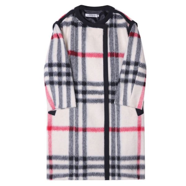 画像1: Women's  British style black and white red striped woolen coat loose coat 　ウールブリティッシュスタイルチェックロング コート　ジャケット　 (1)