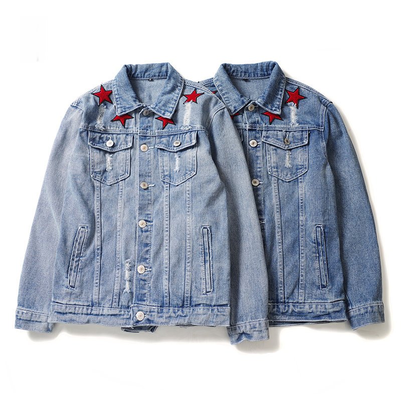 画像2:   Men's  five-pointed star embroidery hole street hip-hop couple denim jacket coat メンズ　ユニセックス男女兼用ファイブスター刺繍デニムGジャン　ジャケット　コート (2)