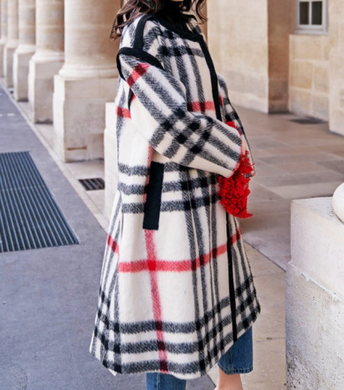 画像7: Women's  British style black and white red striped woolen coat loose coat  ウールブリティッシュスタイルチェックロング コート ジャケット  (7)