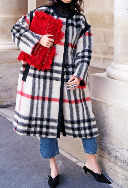画像2: Women's  British style black and white red striped woolen coat loose coat  ウールブリティッシュスタイルチェックロング コート ジャケット  (2)
