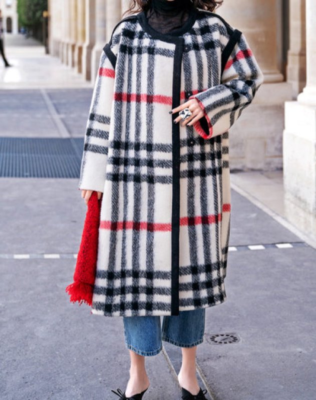 画像8: Women's  British style black and white red striped woolen coat loose coat  ウールブリティッシュスタイルチェックロング コート ジャケット  (8)