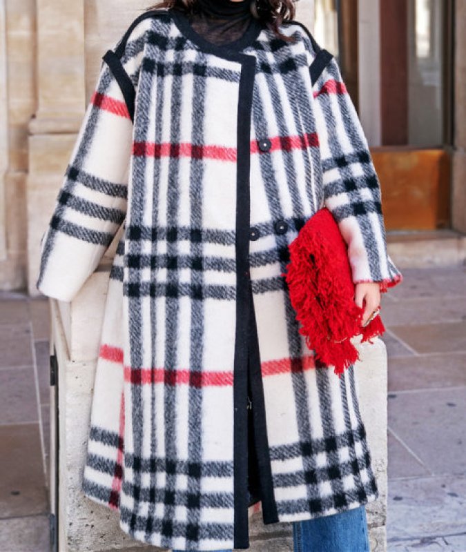 画像6: Women's  British style black and white red striped woolen coat loose coat  ウールブリティッシュスタイルチェックロング コート ジャケット  (6)