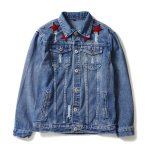 画像1:   Men's  five-pointed star embroidery hole street hip-hop couple denim jacket coat メンズ　ユニセックス男女兼用ファイブスター刺繍デニムGジャン　ジャケット　コート (1)