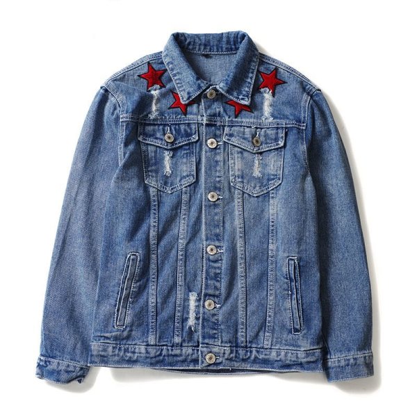 画像1:   Men's  five-pointed star embroidery hole street hip-hop couple denim jacket coat メンズ　ユニセックス男女兼用ファイブスター刺繍デニムGジャン　ジャケット　コート (1)