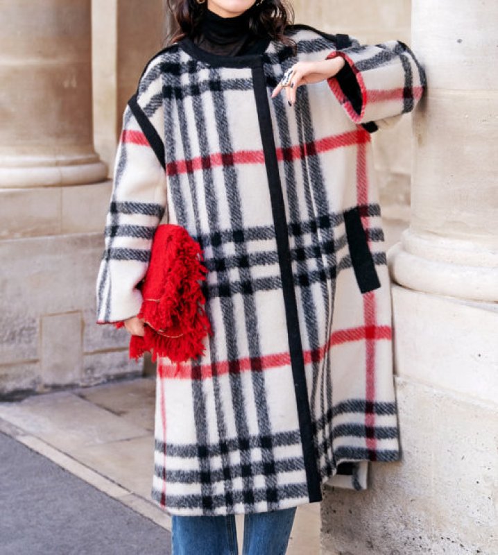 画像3: Women's  British style black and white red striped woolen coat loose coat  ウールブリティッシュスタイルチェックロング コート ジャケット  (3)