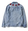 画像3:   Men's  five-pointed star embroidery hole street hip-hop couple denim jacket coat メンズ　ユニセックス男女兼用ファイブスター刺繍デニムGジャン　ジャケット　コート (3)