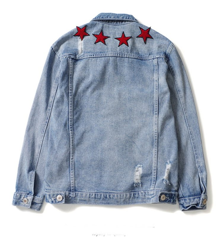 画像3:   Men's  five-pointed star embroidery hole street hip-hop couple denim jacket coat メンズ　ユニセックス男女兼用ファイブスター刺繍デニムGジャン　ジャケット　コート (3)