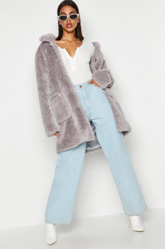 画像2: Women's  imitation Teddy Faux Fur long Coat テディベア エコファーシンプルコート (2)