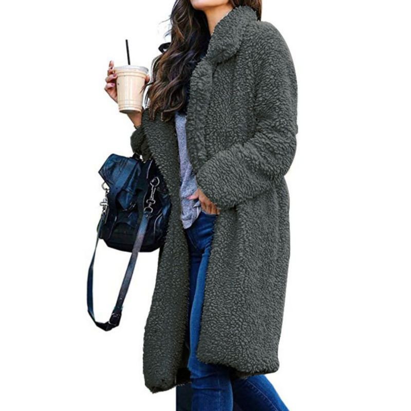 画像2: Women's  Faux Lambswool Long Sleeve Turn Down Collar Loose Thicken Woolen Coat Warm Long Outwear エコファーシンプルテーラードロングコート (2)