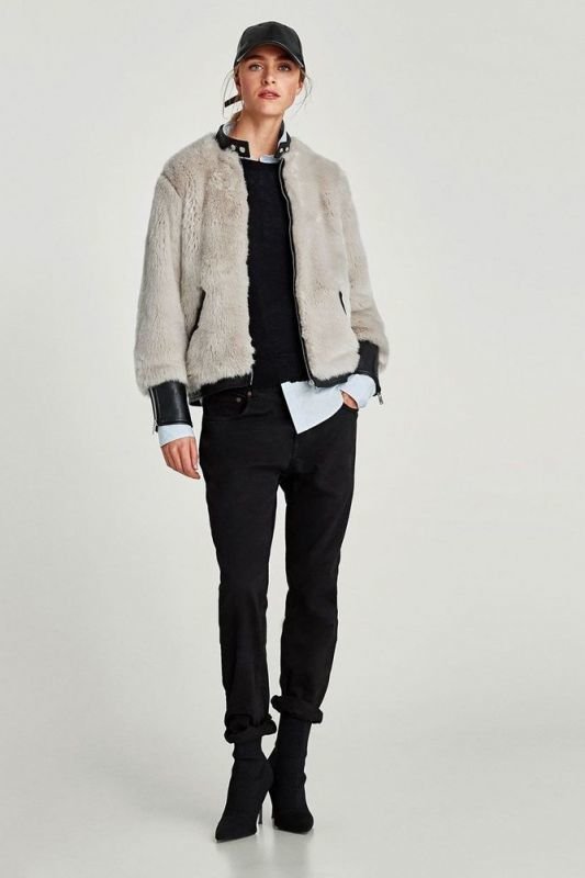 画像5: Women's  long-sleeved short zipper jacket PU leather stitching plush jacket thick coat レザーステッチラビットファーシンプルブルゾン ジャケットコート (5)