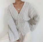 画像3: women's simple fashion comfortable temperament loose long-sleeved knit cardigan　ケーブル編みVネックカーディガン　ジャケット (3)