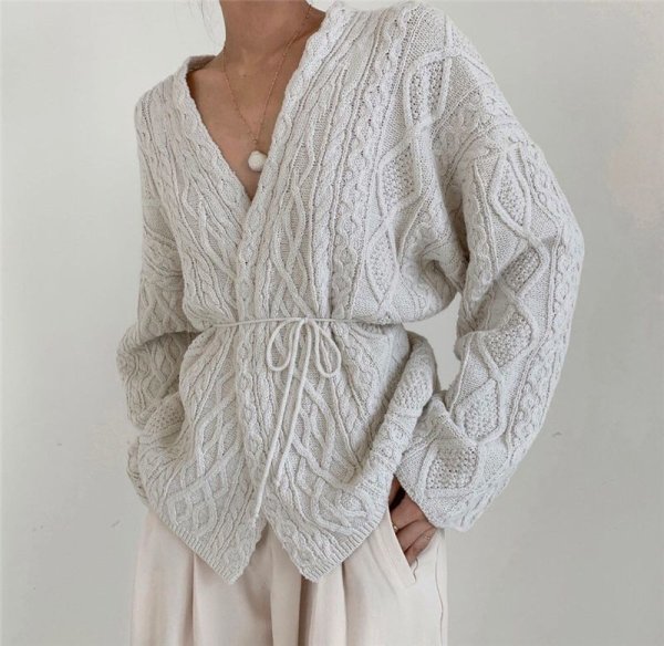画像1: women's simple fashion comfortable temperament loose long-sleeved knit cardigan　ケーブル編みVネックカーディガン　ジャケット (1)