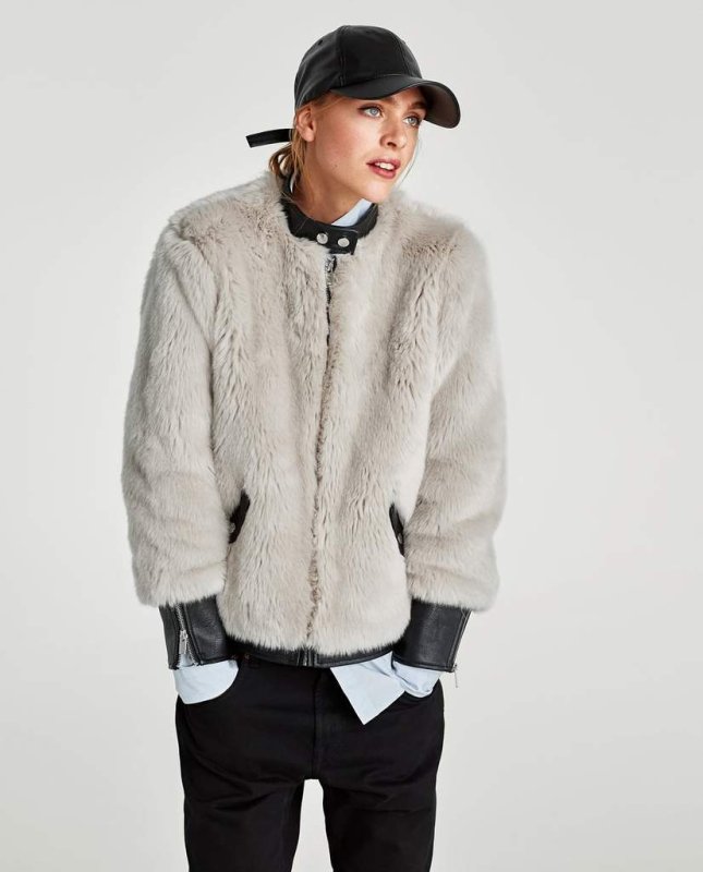 画像4: Women's  long-sleeved short zipper jacket PU leather stitching plush jacket thick coat レザーステッチラビットファーシンプルブルゾン ジャケットコート (4)