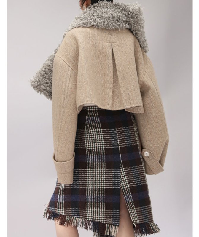 画像4:  women'sunique design lattice skirt asymmetric fringed apron wool high waist skirt  アシンメトリフリンジエプロンウールハイウエストスカートワードスカート (4)