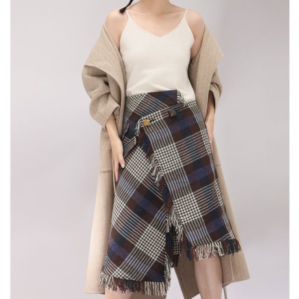 画像3:  women'sunique design lattice skirt asymmetric fringed apron wool high waist skirt 　アシンメトリフリンジエプロンウールハイウエストスカートワードスカート (3)