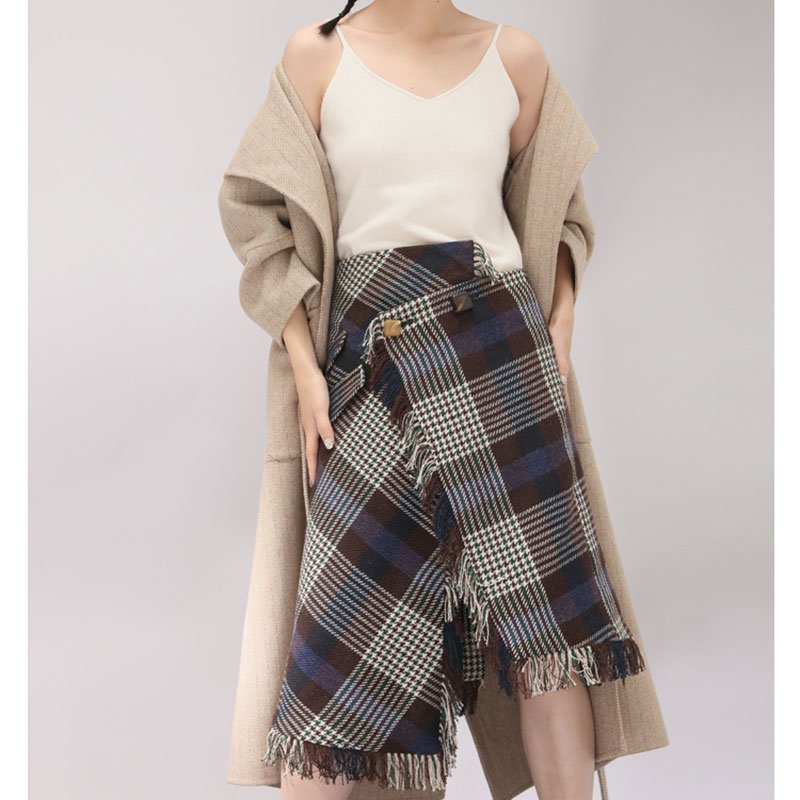 画像3:  women'sunique design lattice skirt asymmetric fringed apron wool high waist skirt  アシンメトリフリンジエプロンウールハイウエストスカートワードスカート (3)