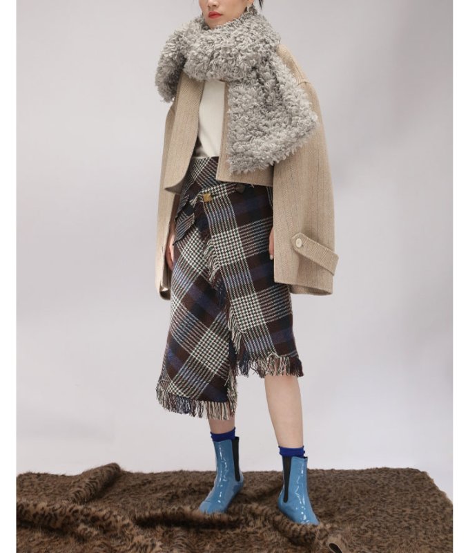 画像6:  women'sunique design lattice skirt asymmetric fringed apron wool high waist skirt  アシンメトリフリンジエプロンウールハイウエストスカートワードスカート (6)