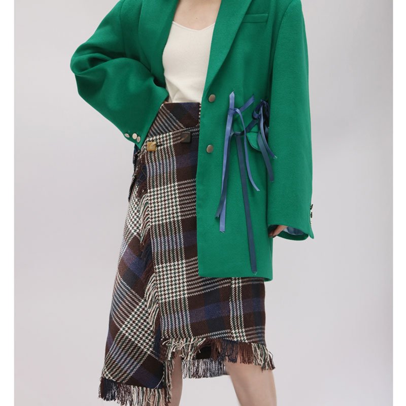 画像5:  women'sunique design lattice skirt asymmetric fringed apron wool high waist skirt  アシンメトリフリンジエプロンウールハイウエストスカートワードスカート (5)