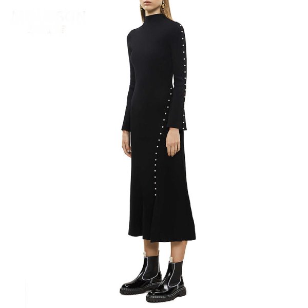 画像1:  Women's long-sleeved  Pearl decorative knit dress 　フレンチパールデコレイトニットドレス ワンピース　ブラウス (1)