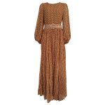 画像4:  Women'sdot print pleated round neck belt lantern sleeves retro large  length dress　ドットプリントプリーツラウンドネックベルトランタンスリーブレトロロング丈ワンピース (4)