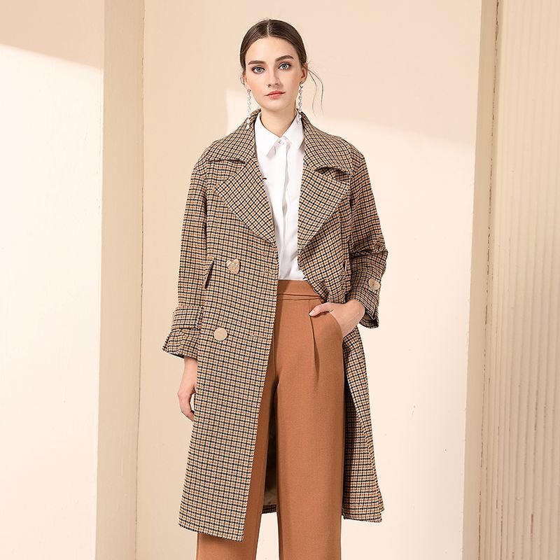 画像6: Women's loose woolen coat  ガンクラブチェックトレンチウールコート ロングコート ジャケット (6)