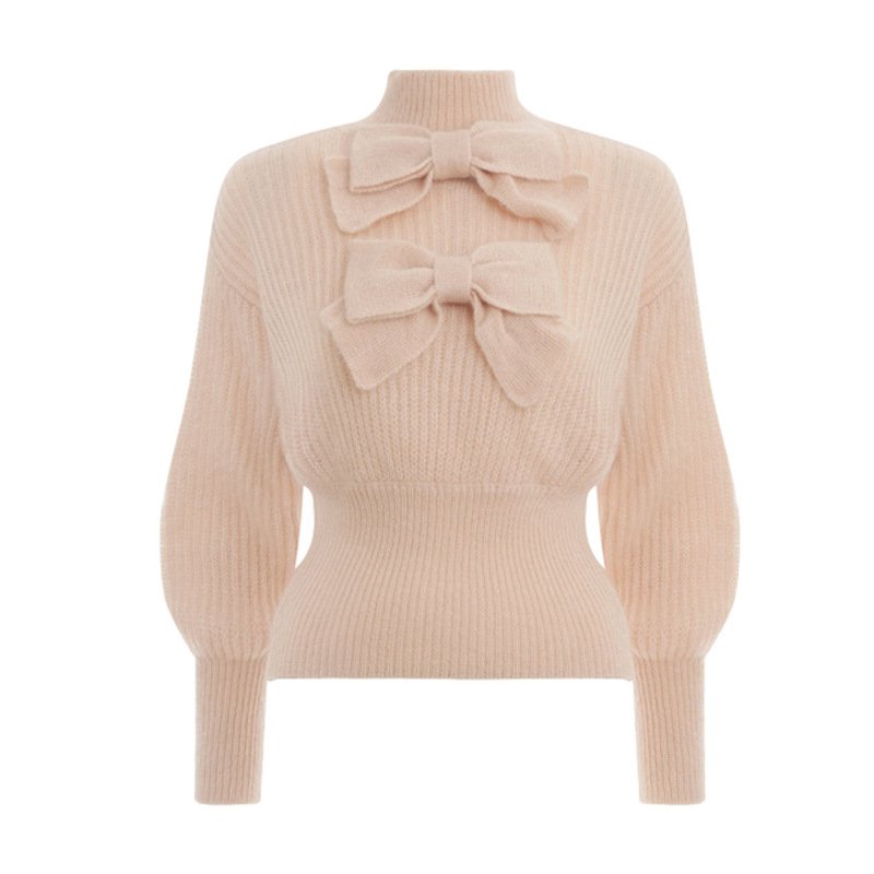 画像8: women's  Long Sleeve Turtleneck Bow Lantern Sleeve Top Waist Slim Knit Sweater　タートルネックボウランタンスリーブトップウエストスリムニットセーター (8)