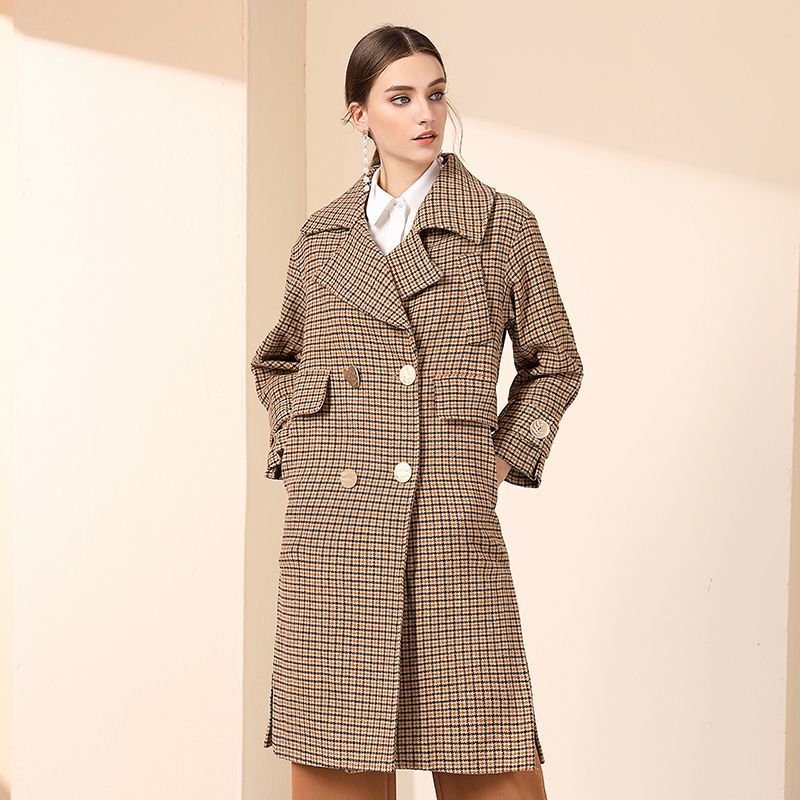 画像2: Women's loose woolen coat  ガンクラブチェックトレンチウールコート ロングコート ジャケット (2)