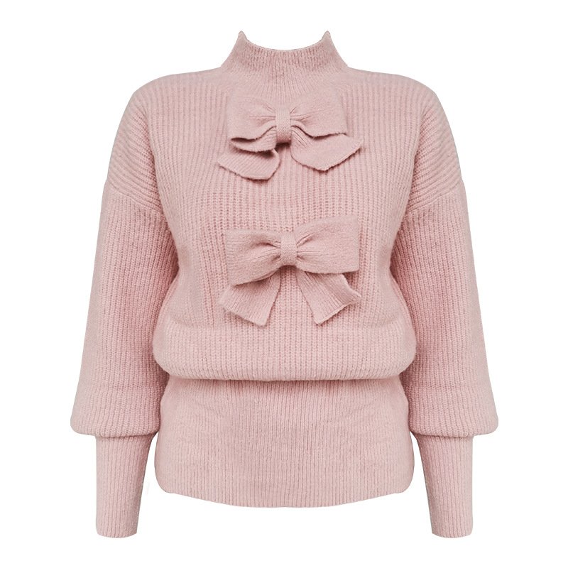 画像5: women's  Long Sleeve Turtleneck Bow Lantern Sleeve Top Waist Slim Knit Sweater　タートルネックボウランタンスリーブトップウエストスリムニットセーター (5)