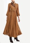 画像1:  Women'sdot print pleated round neck belt lantern sleeves retro large  length dress　ドットプリントプリーツラウンドネックベルトランタンスリーブレトロロング丈ワンピース (1)