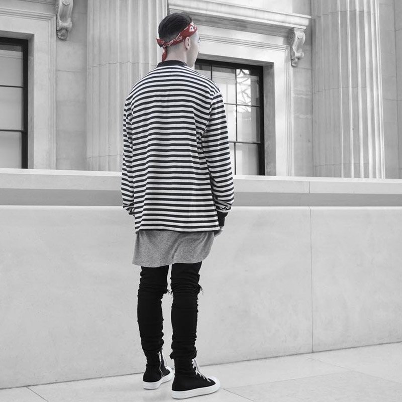 画像5: men's  loose hip-hop long-sleeved striped  t-shirt ボーダー　ストライプロング丈Tシャツ (5)