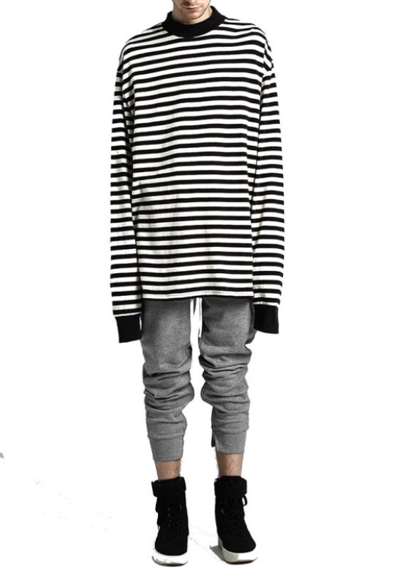 画像2: men's  loose hip-hop long-sleeved striped  t-shirt ボーダー　ストライプロング丈Tシャツ (2)
