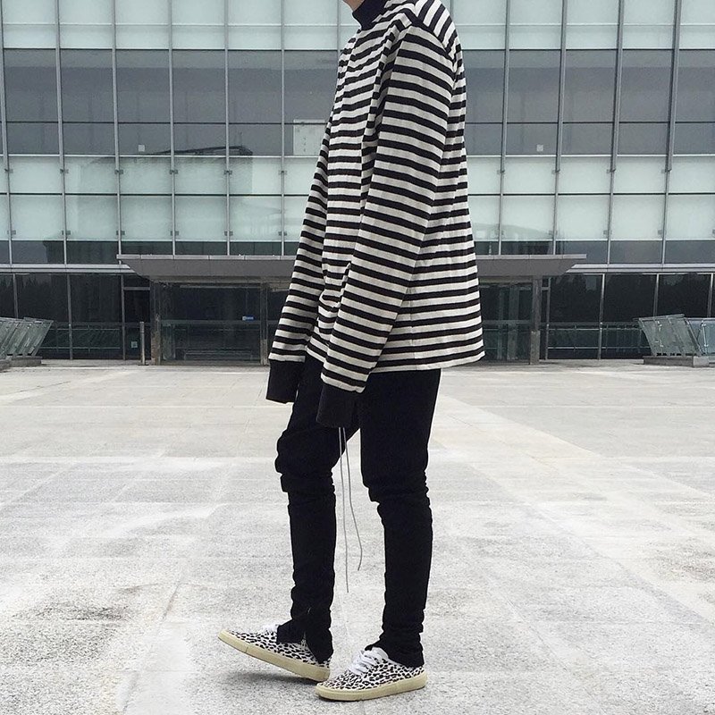 画像9: men's  loose hip-hop long-sleeved striped  t-shirt ボーダー　ストライプロング丈Tシャツ (9)