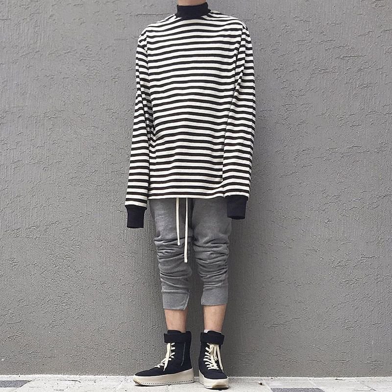 画像7: men's  loose hip-hop long-sleeved striped  t-shirt ボーダー　ストライプロング丈Tシャツ (7)