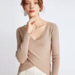 画像1: Women's Wrap Rib V Knit Pullover Sweater カシュクールVネックリブニットセーター (1)