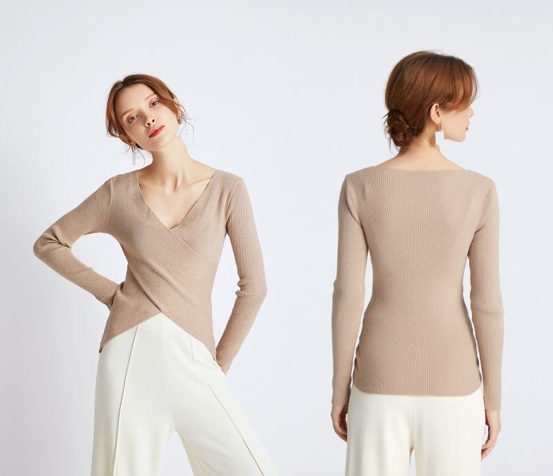 画像3: Women's Wrap Rib V Knit Pullover Sweater カシュクールVネックリブニットセーター (3)