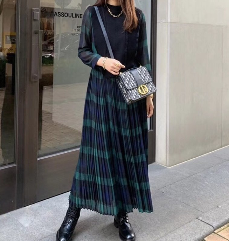 画像2:  Women's  check knit mix maxi dress チェック ニット×シフォン 切り替え マキシドレス ワンピース (2)