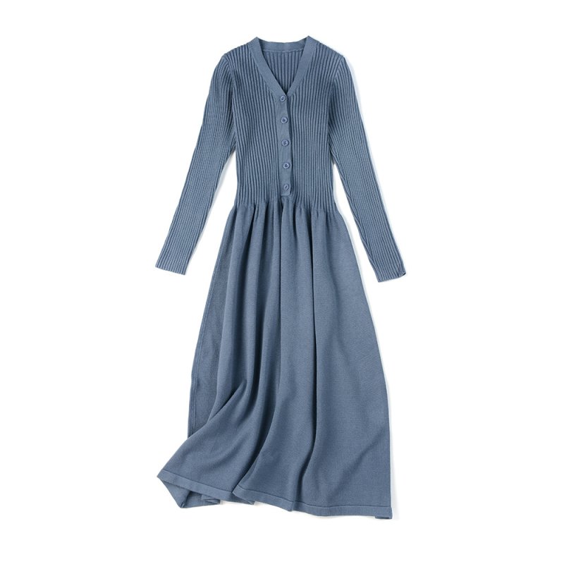 画像2:  Women's  long-sleeved Slim long knit dress　 ロングひざ下丈ニットドレス　ワンピース (2)