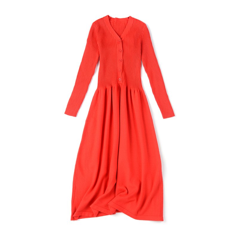 画像4:  Women's  long-sleeved Slim long knit dress　 ロングひざ下丈ニットドレス　ワンピース (4)