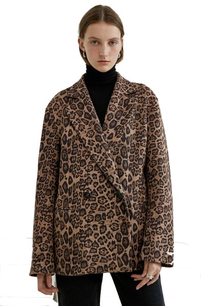 画像1: Women's leopard loose casual neutral drop shoulder double-breasted blazerエコシープスキンファーモコモコート　ジャケット (1)