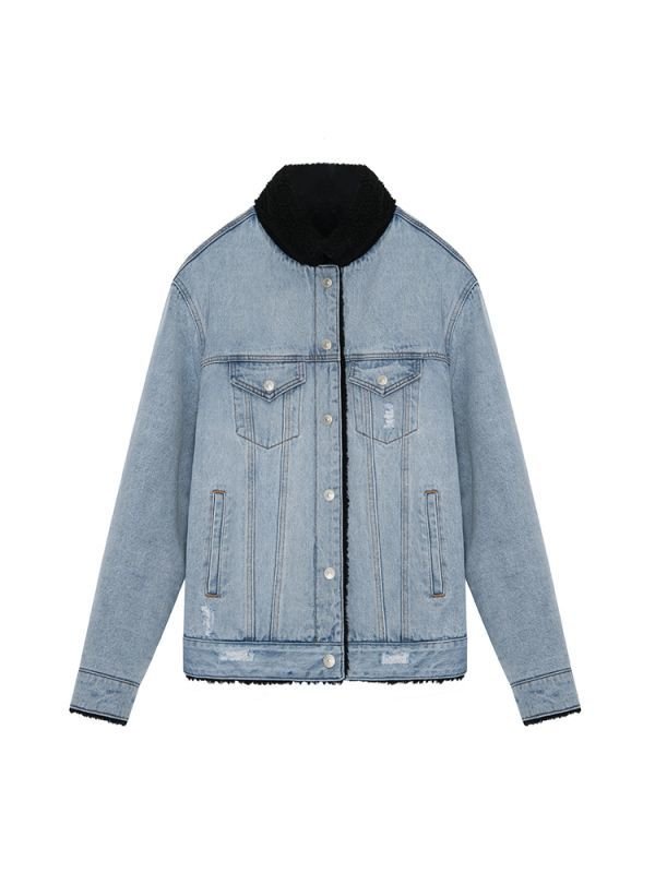 画像6: Women's lamb hair loose casual  denim jacket エコシープスキンファー付きデニムGジャン　ジャケット (6)