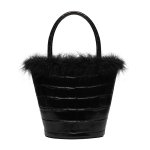 画像5:  woman’s  fur ostrich feather leather retro crocodile pattern bucket bag handbag bucket bag リアルフェザー付き本革レザーバケットトートバック　ハンドバック　 (5)