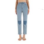 画像1: women's  light blue knee love small straight light blue soft jeans pants trousers  ハイウエストウォッシュライトブルーハート付きストレートライトブルーソフトジーンズ (1)
