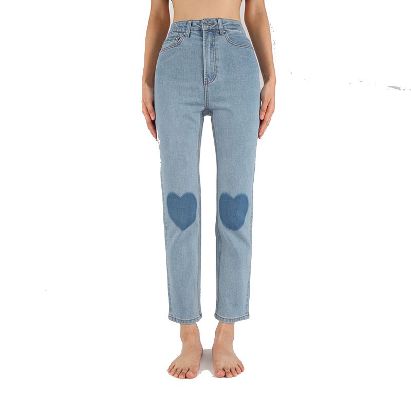 画像1: women's  light blue knee love small straight light blue soft jeans pants trousers  ハイウエストウォッシュライトブルーハート付きストレートライトブルーソフトジーンズ (1)