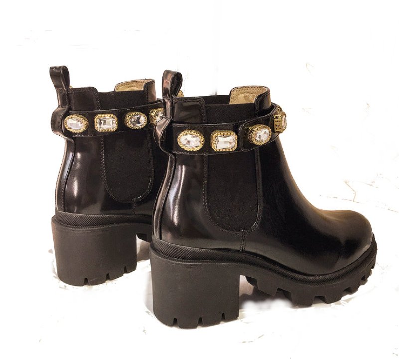 画像4:  women's  leather  British wind Martin boots ankle boots short boots  本革レザーサイドゴアアンクルラインストーンヒールベルクロブーツ (4)