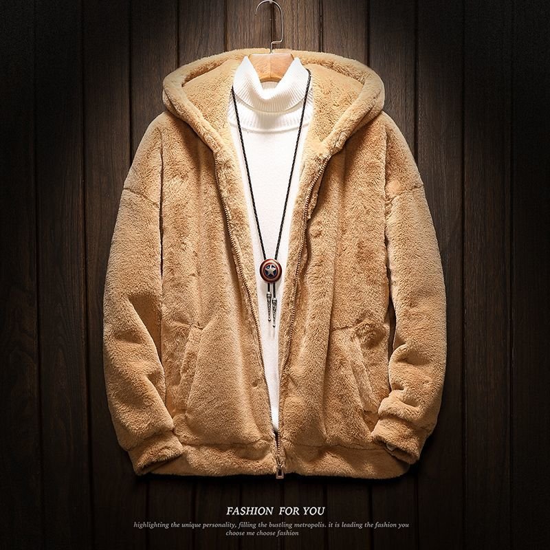 画像3:   Men's lamb soft fleece  hooded loose Parker blouson ジップアップモコモコフーディーパーカー　ジャケット (3)