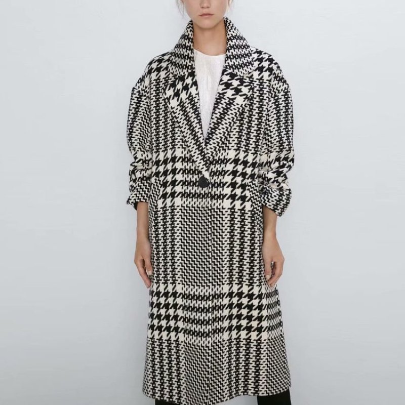 画像1: Women's houndstooth small fragrance loose lapel long woolen coat jacket 　千鳥格子ロングコート ジャケット (1)