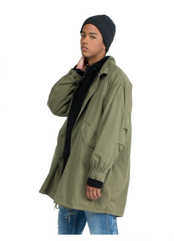 画像2:   Men's military green windproof early  long coat jacket 　男女兼用ユニセックスミリタリーグリーンロングコート ウインドブレーカー (2)
